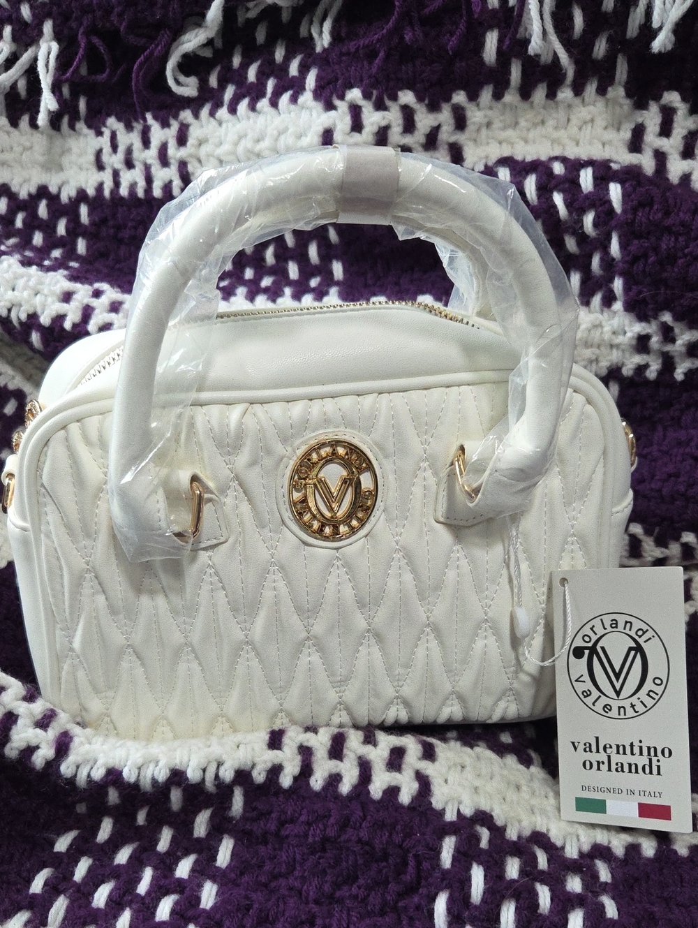 Valentino Orlandi Cream Quilted Satchel with Gold Crest
